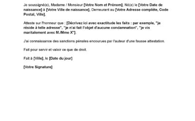Modèle d’attestation sur l’honneur : Exemple gratuit
